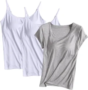 3 Pack Women Modal Built in Bra Tops Summer Soft Comfy Cami Top/Short Sleeve Scoop Neck Yoga Workout Undershirts