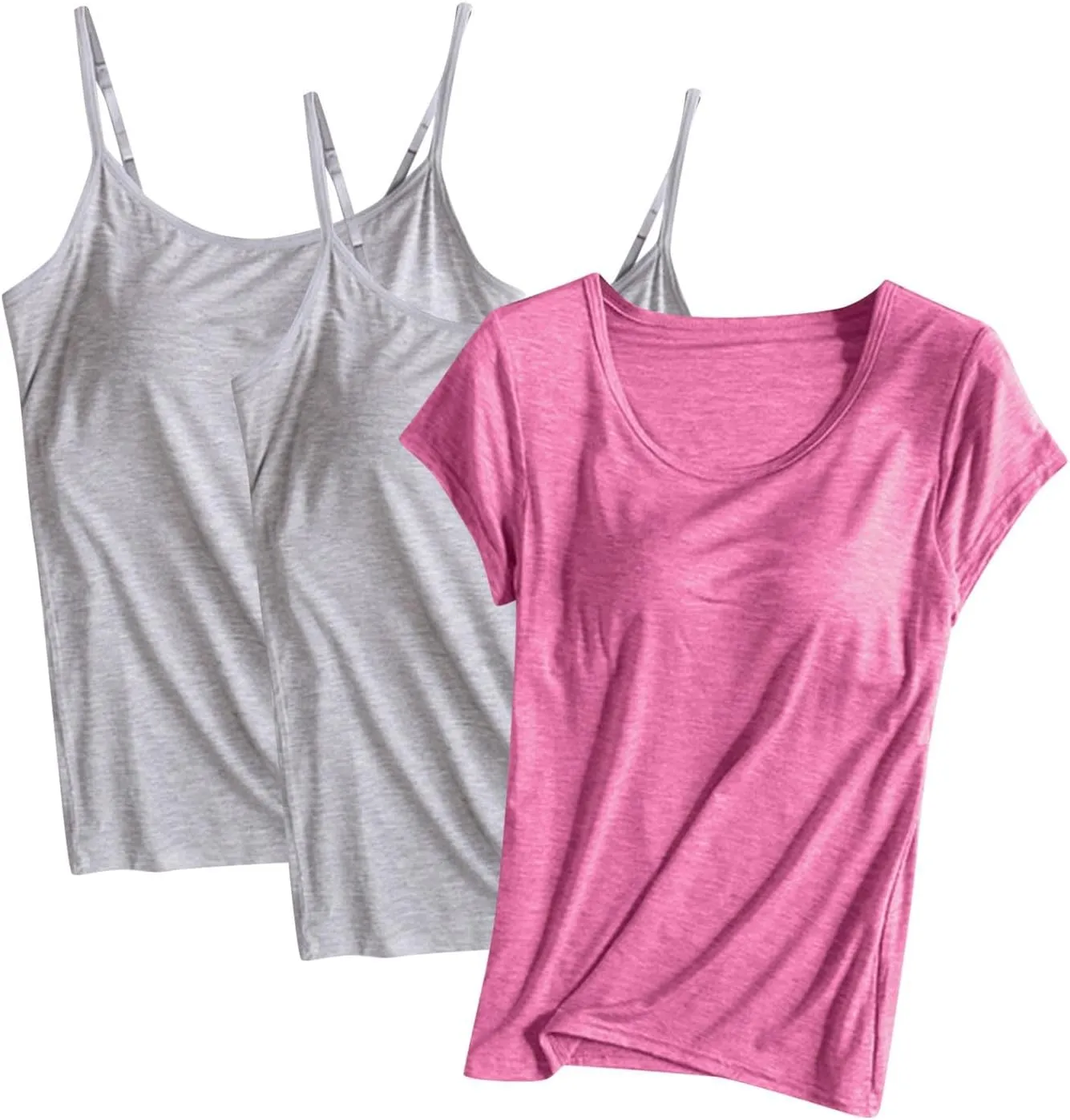 3 Pack Women Modal Built in Bra Tops Summer Soft Comfy Cami Top/Short Sleeve Scoop Neck Yoga Workout Undershirts