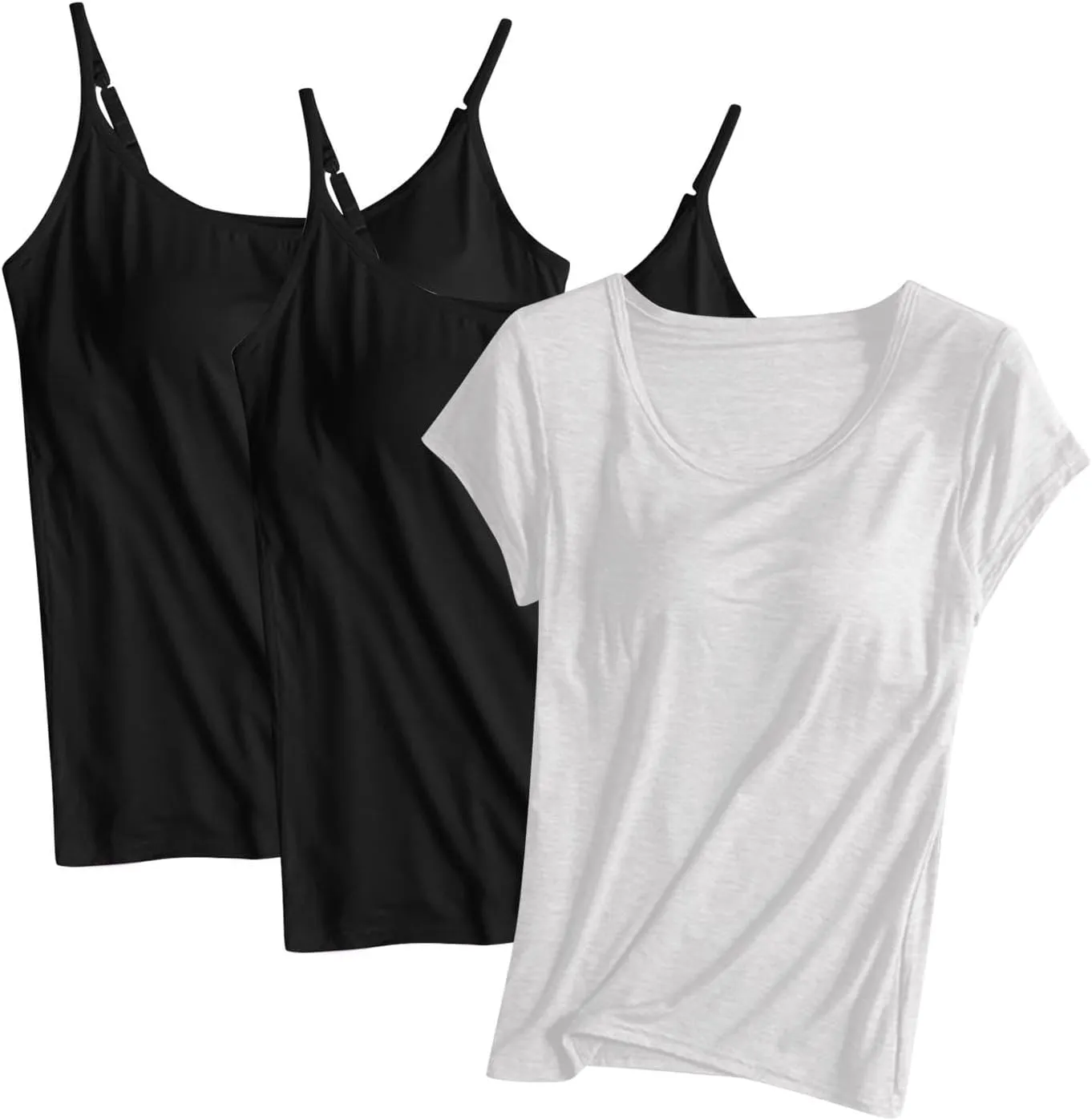 3 Pack Women Modal Built in Bra Tops Summer Soft Comfy Cami Top/Short Sleeve Scoop Neck Yoga Workout Undershirts