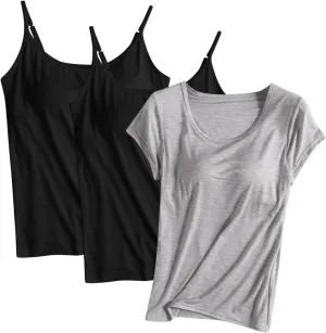 3 Pack Women Modal Built in Bra Tops Summer Soft Comfy Cami Top/Short Sleeve Scoop Neck Yoga Workout Undershirts