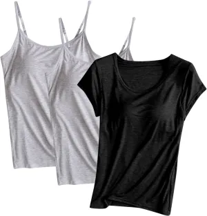 3 Pack Women Modal Built in Bra Tops Summer Soft Comfy Cami Top/Short Sleeve Scoop Neck Yoga Workout Undershirts