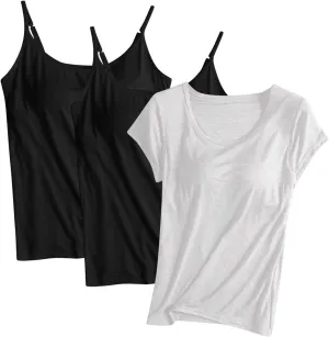 3 Pack Women Modal Built in Bra Tops Summer Soft Comfy Cami Top/Short Sleeve Scoop Neck Yoga Workout Undershirts