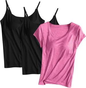 3 Pack Women Modal Built in Bra Tops Summer Soft Comfy Cami Top/Short Sleeve Scoop Neck Yoga Workout Undershirts