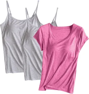 3 Pack Women Modal Built in Bra Tops Summer Soft Comfy Cami Top/Short Sleeve Scoop Neck Yoga Workout Undershirts