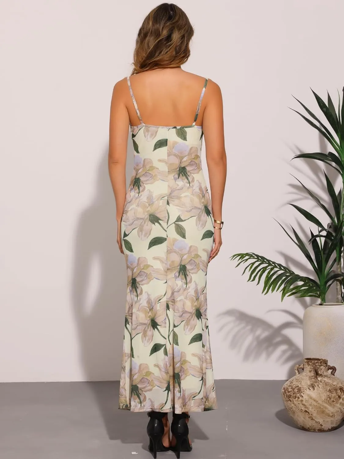Allegra K Women's Mesh Floral Sleeveless Bodycon Cocktail Maxi Dress