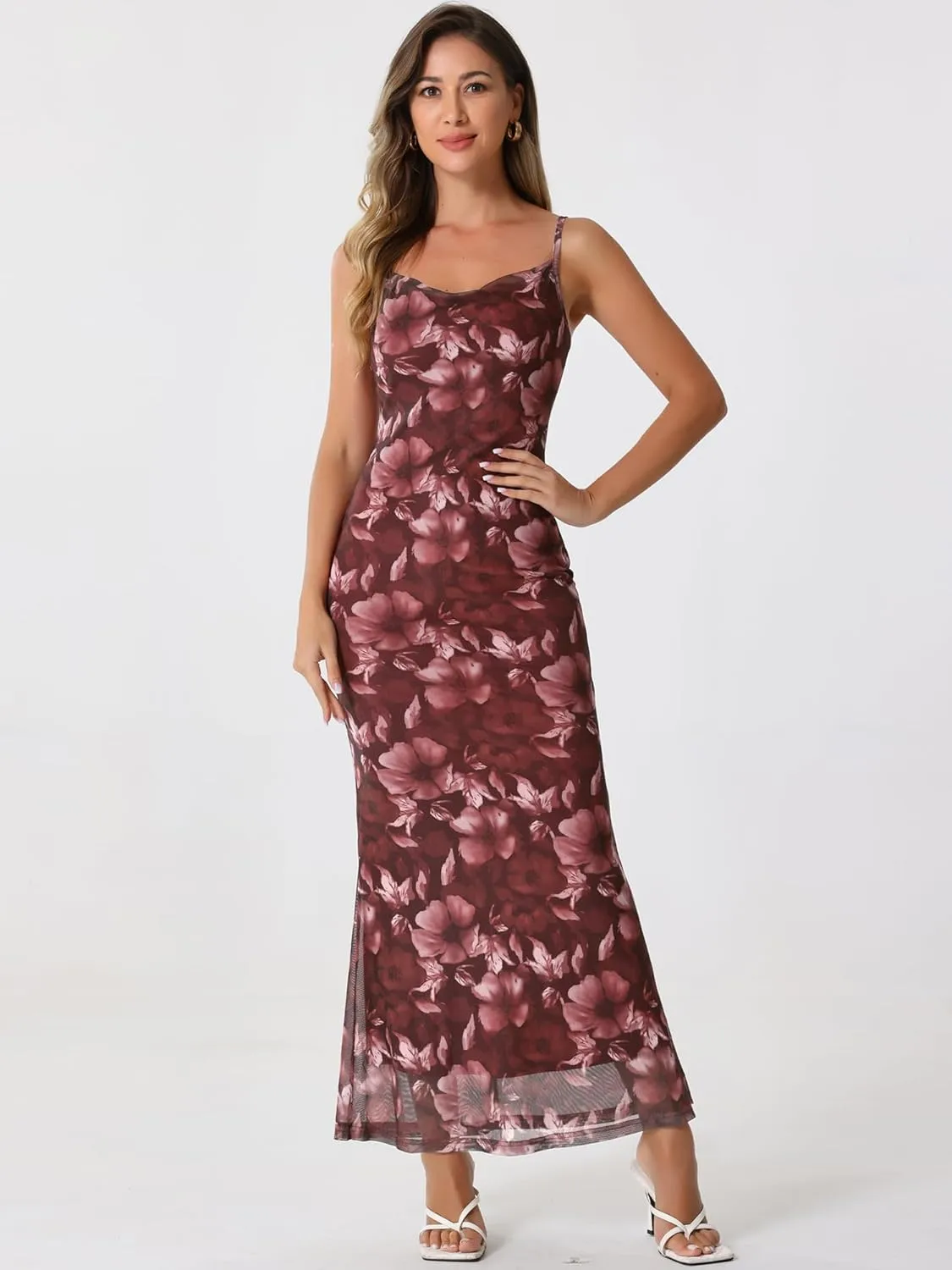 Allegra K Women's Mesh Floral Sleeveless Bodycon Cocktail Maxi Dress