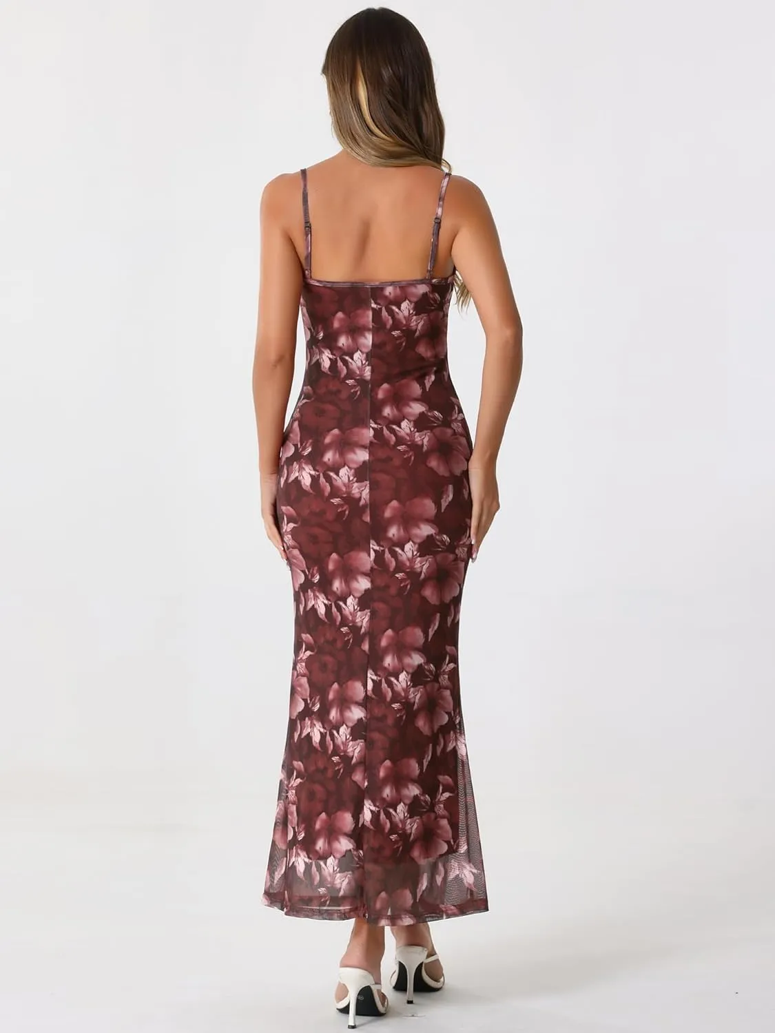 Allegra K Women's Mesh Floral Sleeveless Bodycon Cocktail Maxi Dress