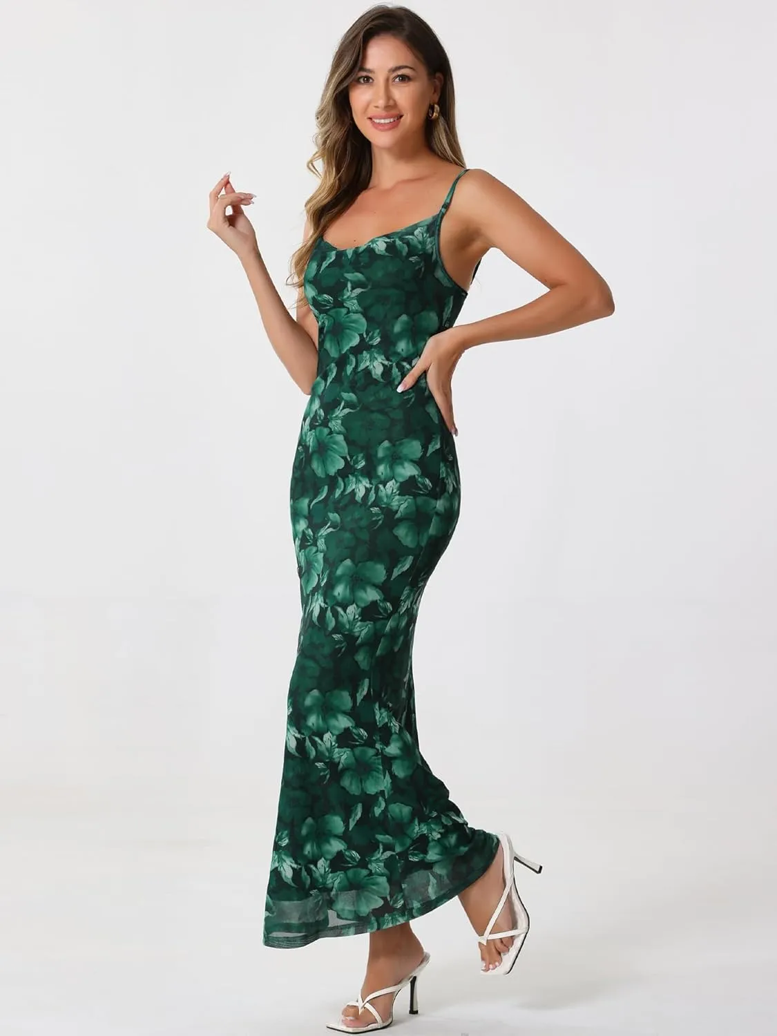 Allegra K Women's Mesh Floral Sleeveless Bodycon Cocktail Maxi Dress