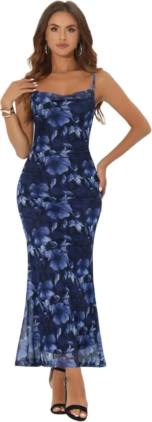 Allegra K Women's Mesh Floral Sleeveless Bodycon Cocktail Maxi Dress