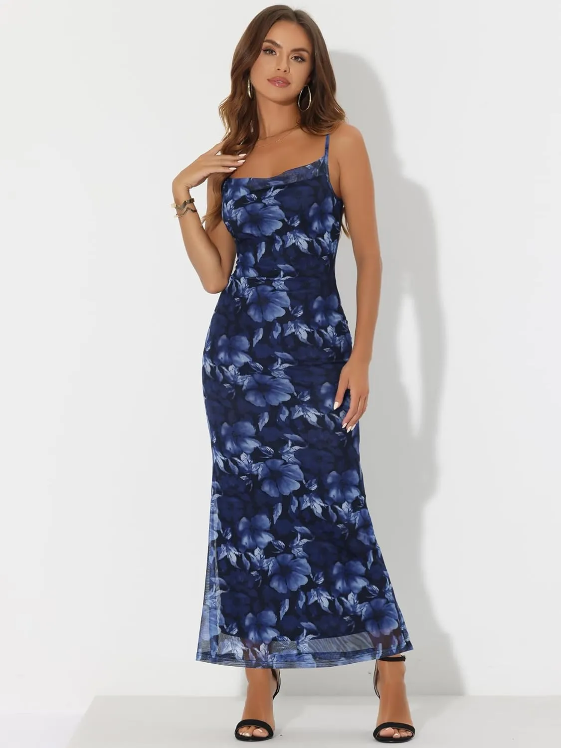 Allegra K Women's Mesh Floral Sleeveless Bodycon Cocktail Maxi Dress