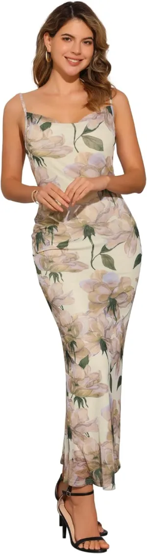 Allegra K Women's Mesh Floral Sleeveless Bodycon Cocktail Maxi Dress