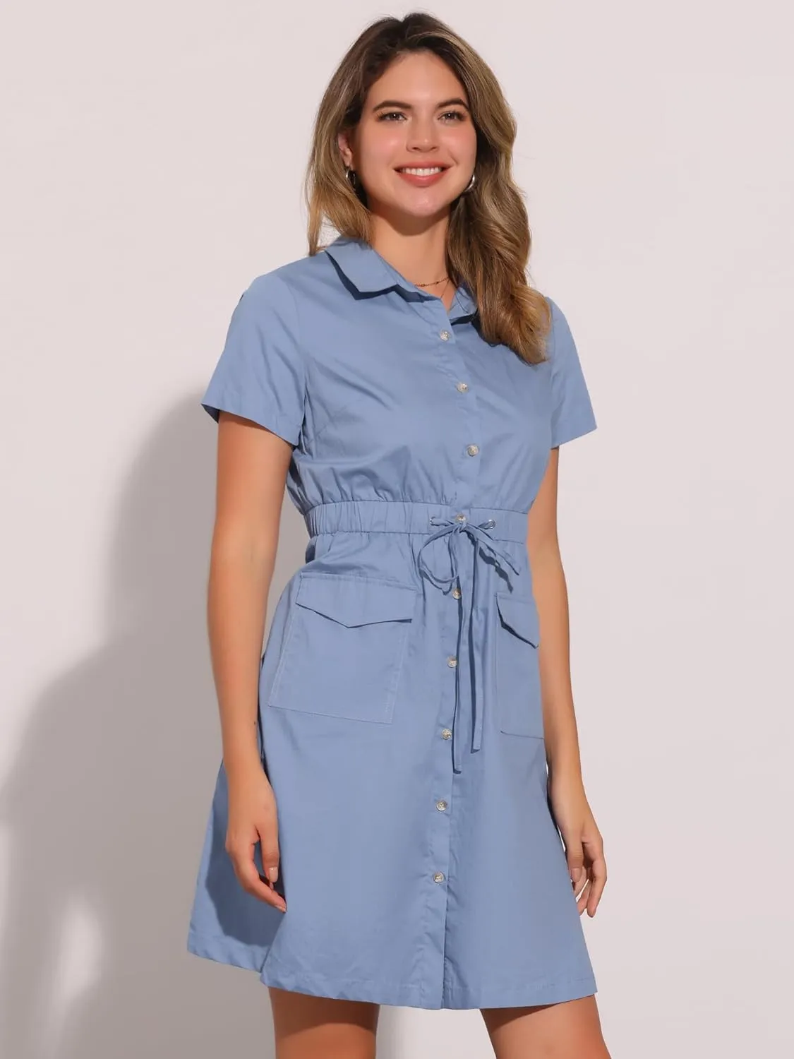 Allegra K Women's Safari Dresses Short Sleeve Cotton Button Down Collar Shirt Dress