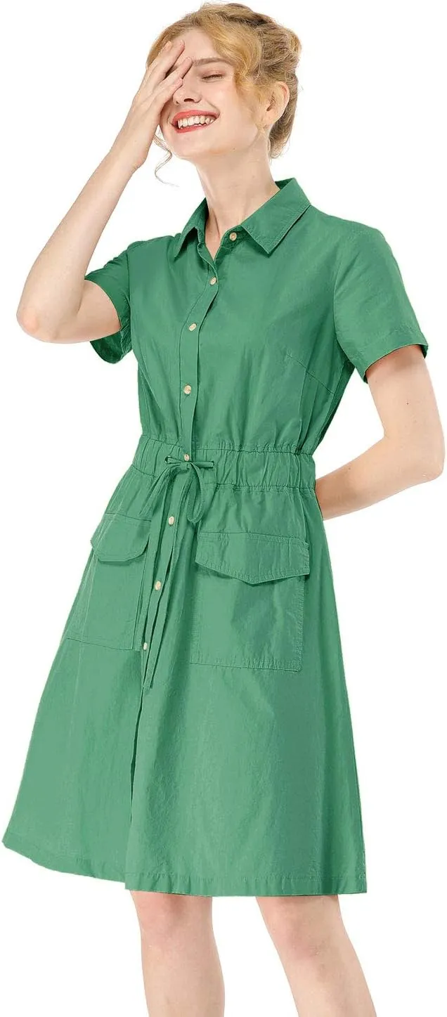 Allegra K Women's Safari Dresses Short Sleeve Cotton Button Down Collar Shirt Dress