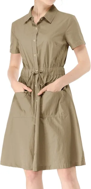 Allegra K Women's Safari Dresses Short Sleeve Cotton Button Down Collar Shirt Dress