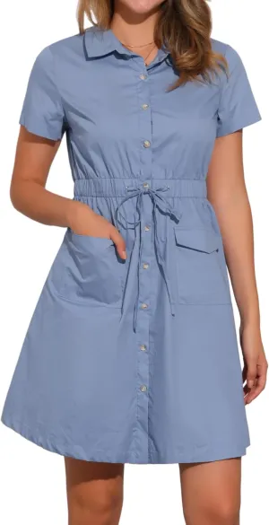 Allegra K Women's Safari Dresses Short Sleeve Cotton Button Down Collar Shirt Dress