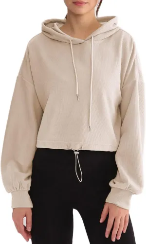Amazhiyu Womens Cropped Hoodie Waffle Knit Drop Shoulder Drawstring Crop Top
