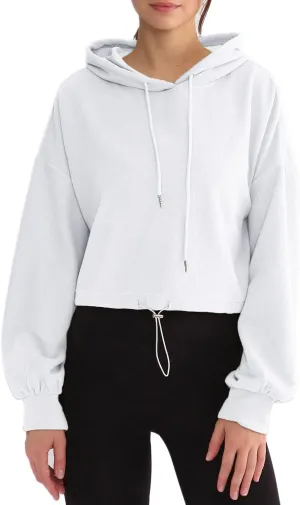 Amazhiyu Womens Cropped Hoodie Waffle Knit Drop Shoulder Drawstring Crop Top