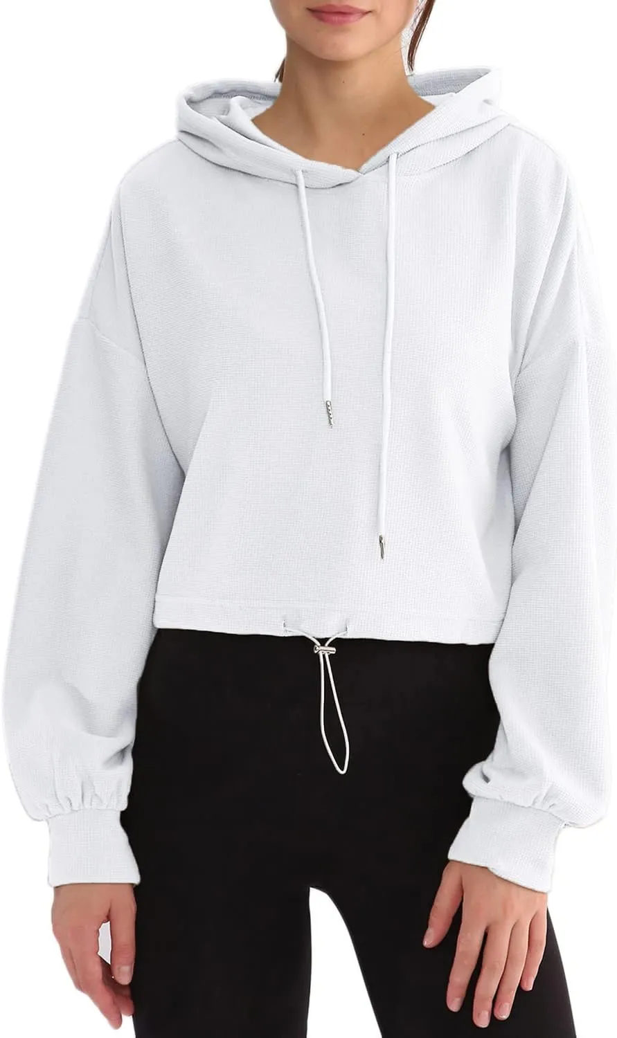 Amazhiyu Womens Cropped Hoodie Waffle Knit Drop Shoulder Drawstring Crop Top