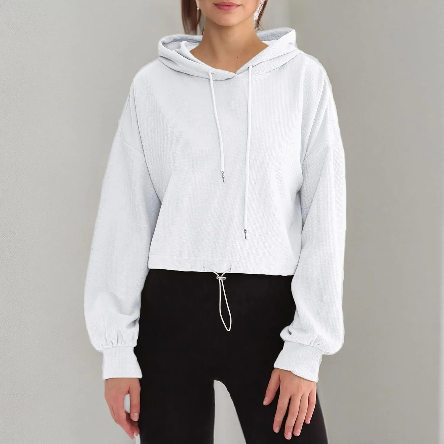 Amazhiyu Womens Cropped Hoodie Waffle Knit Drop Shoulder Drawstring Crop Top
