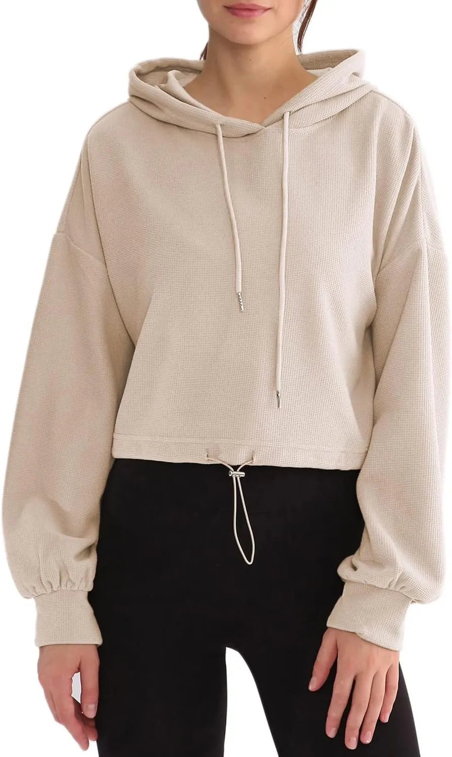 Amazhiyu Womens Cropped Hoodie Waffle Knit Drop Shoulder Drawstring Crop Top