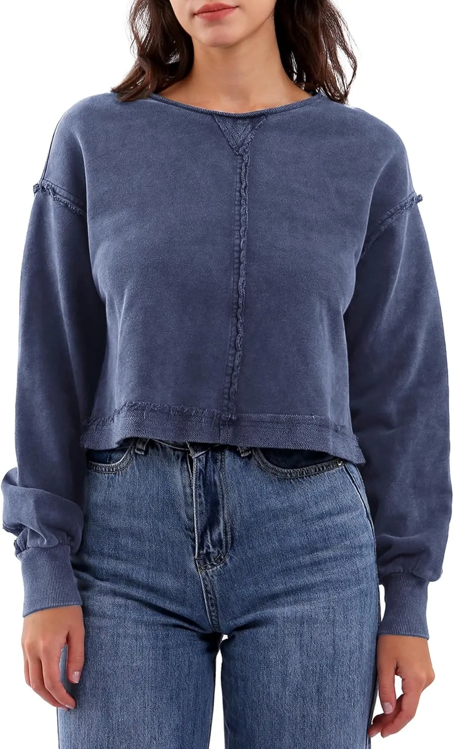 Amazhiyu Womens Pullover Washed Cropped Sweatshirt Crew Neck Fall Crop Top