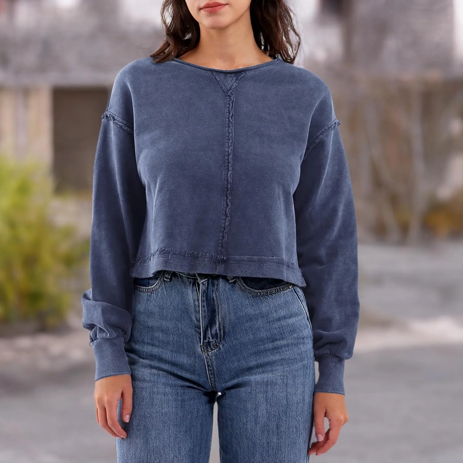 Amazhiyu Womens Pullover Washed Cropped Sweatshirt Crew Neck Fall Crop Top