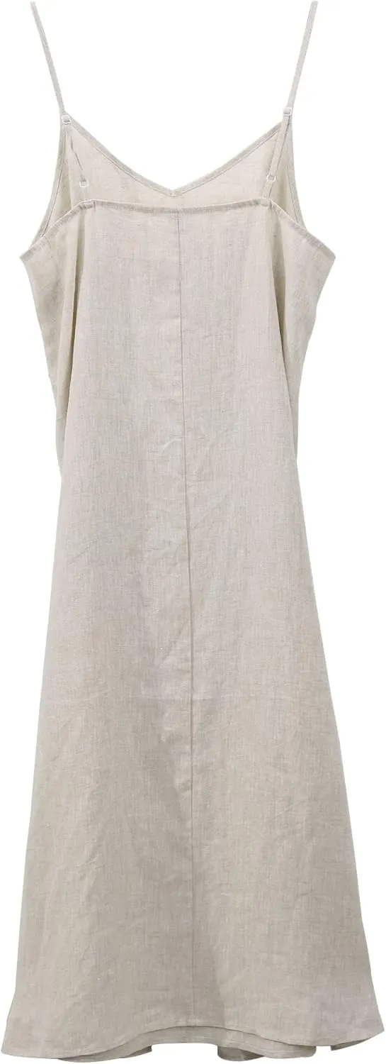 Amazhiyu Womens Pure Linen Summer V Neck Midi Spaghetti Strap Slip Dress with Pockets