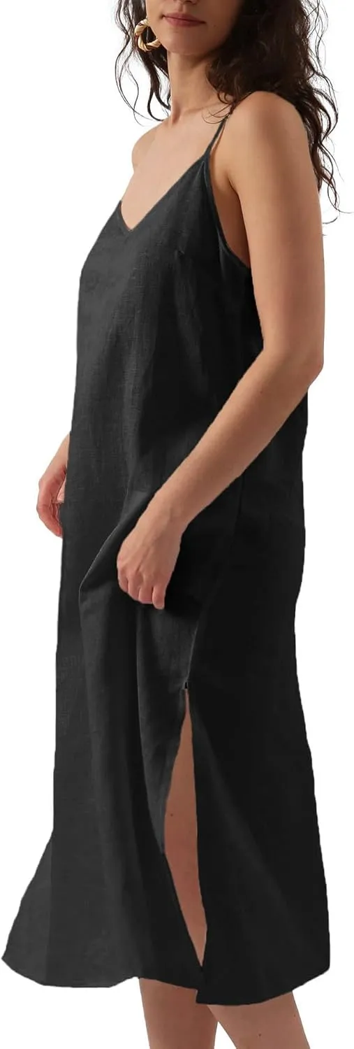 Amazhiyu Womens Pure Linen Summer V Neck Midi Spaghetti Strap Slip Dress with Pockets