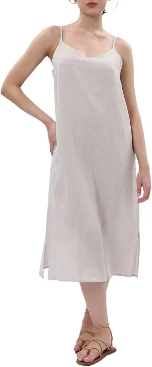 Amazhiyu Womens Pure Linen Summer V Neck Midi Spaghetti Strap Slip Dress with Pockets