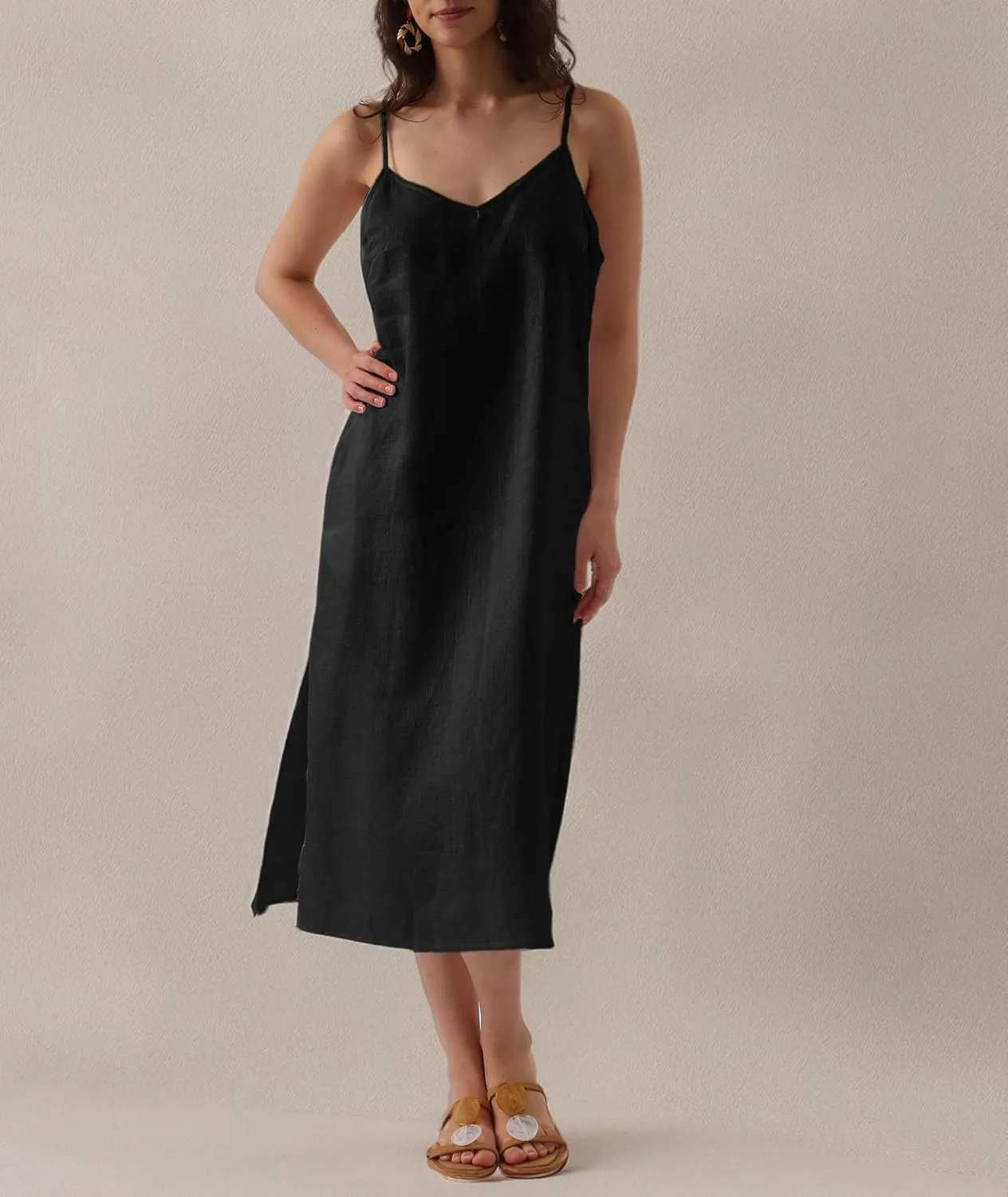Amazhiyu Womens Pure Linen Summer V Neck Midi Spaghetti Strap Slip Dress with Pockets