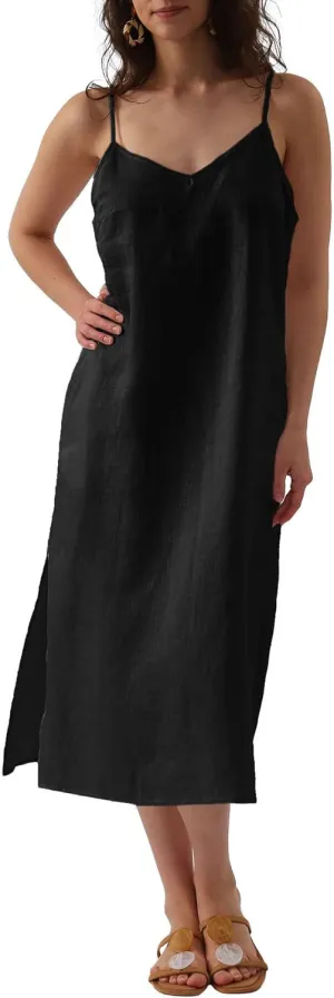 Amazhiyu Womens Pure Linen Summer V Neck Midi Spaghetti Strap Slip Dress with Pockets