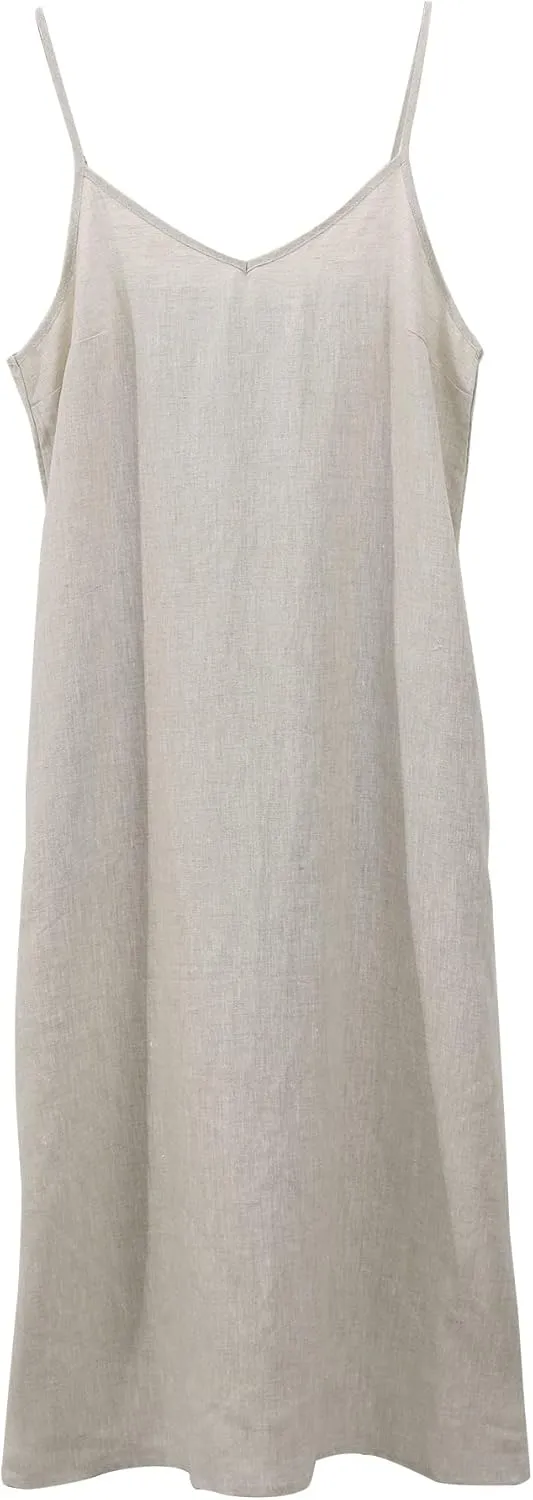 Amazhiyu Womens Pure Linen Summer V Neck Midi Spaghetti Strap Slip Dress with Pockets