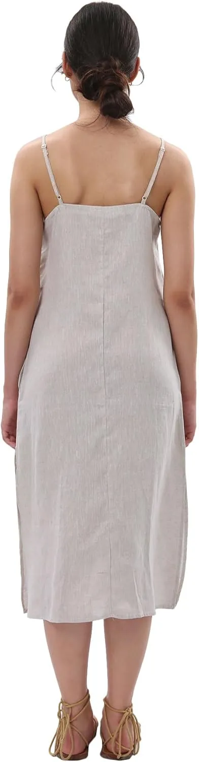 Amazhiyu Womens Pure Linen Summer V Neck Midi Spaghetti Strap Slip Dress with Pockets