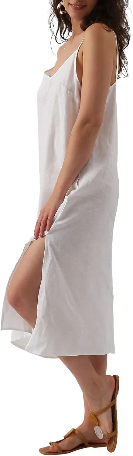 Amazhiyu Womens Pure Linen Summer V Neck Midi Spaghetti Strap Slip Dress with Pockets