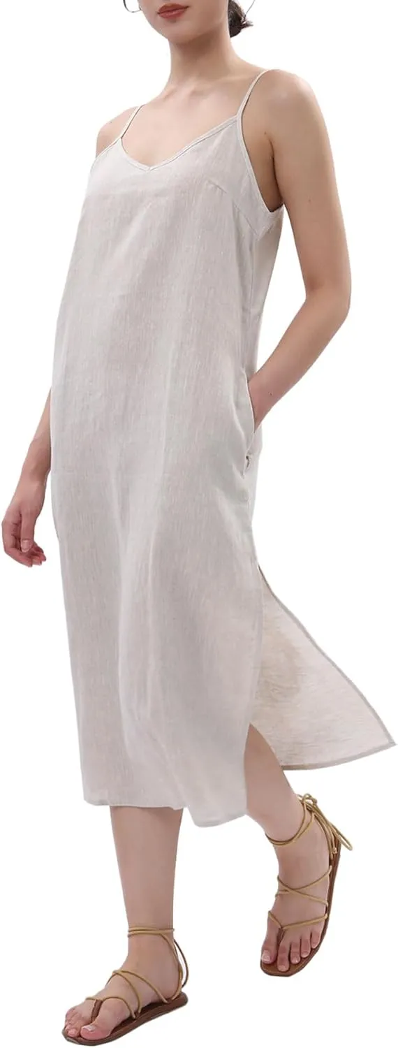 Amazhiyu Womens Pure Linen Summer V Neck Midi Spaghetti Strap Slip Dress with Pockets