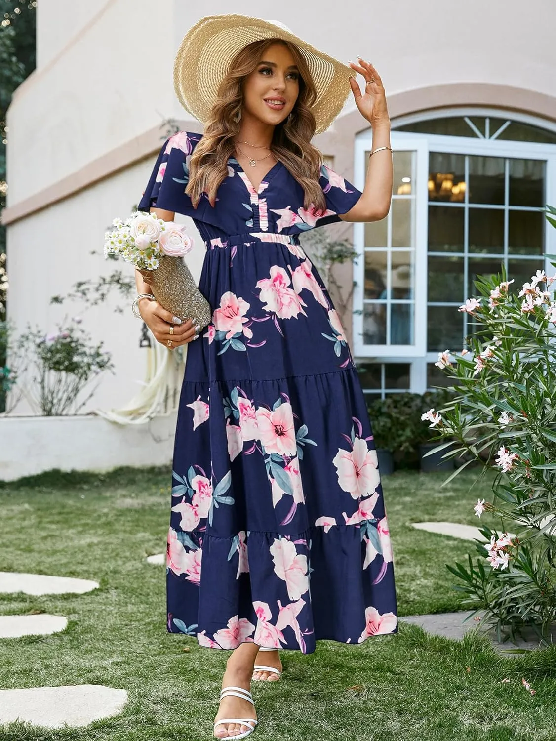 Amegoya Women's Casual Short Sleeve V Neck Floral Maxi Dresses Boho Beach Photoshoot Flowy Ruffle Long Dress