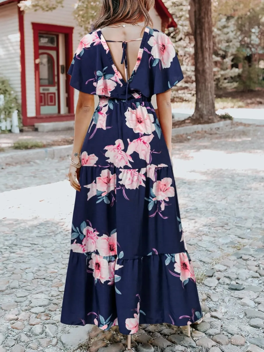 Amegoya Women's Casual Short Sleeve V Neck Floral Maxi Dresses Boho Beach Photoshoot Flowy Ruffle Long Dress