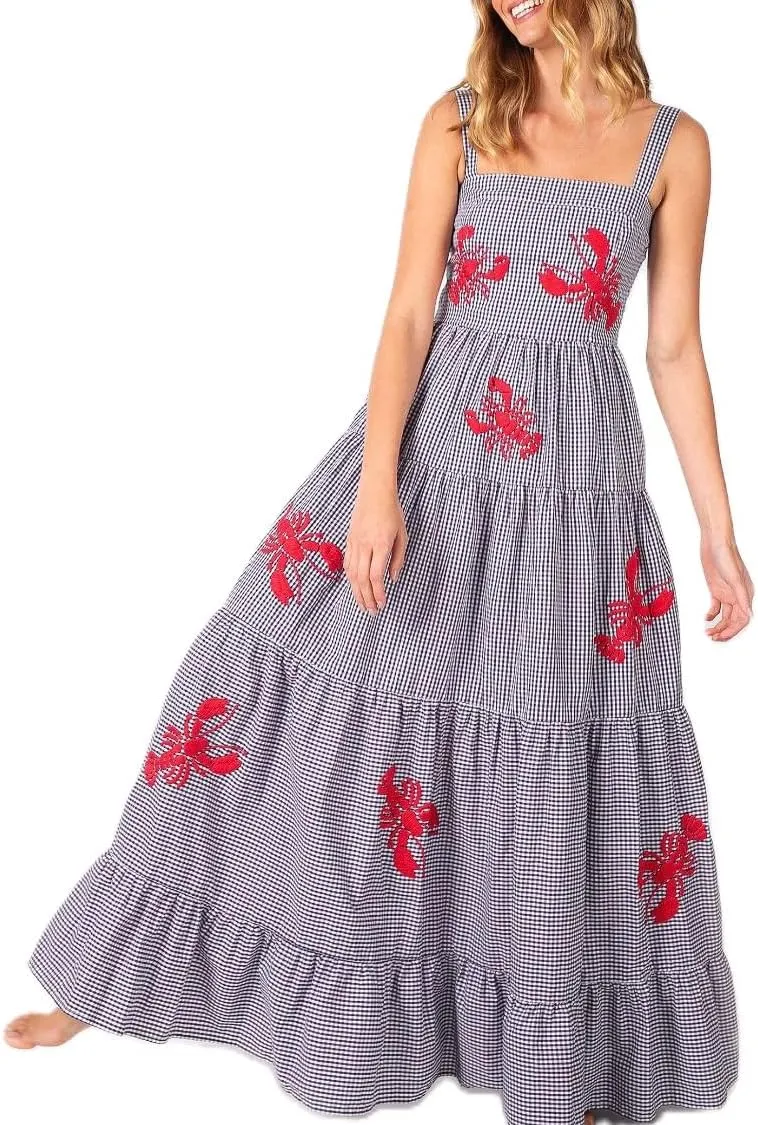 Argeousgor Women 2024 Bohemian Maxi Dress Sleeveless Embroidered Flowy Smocked Long Dress Summer Beach Sundresses