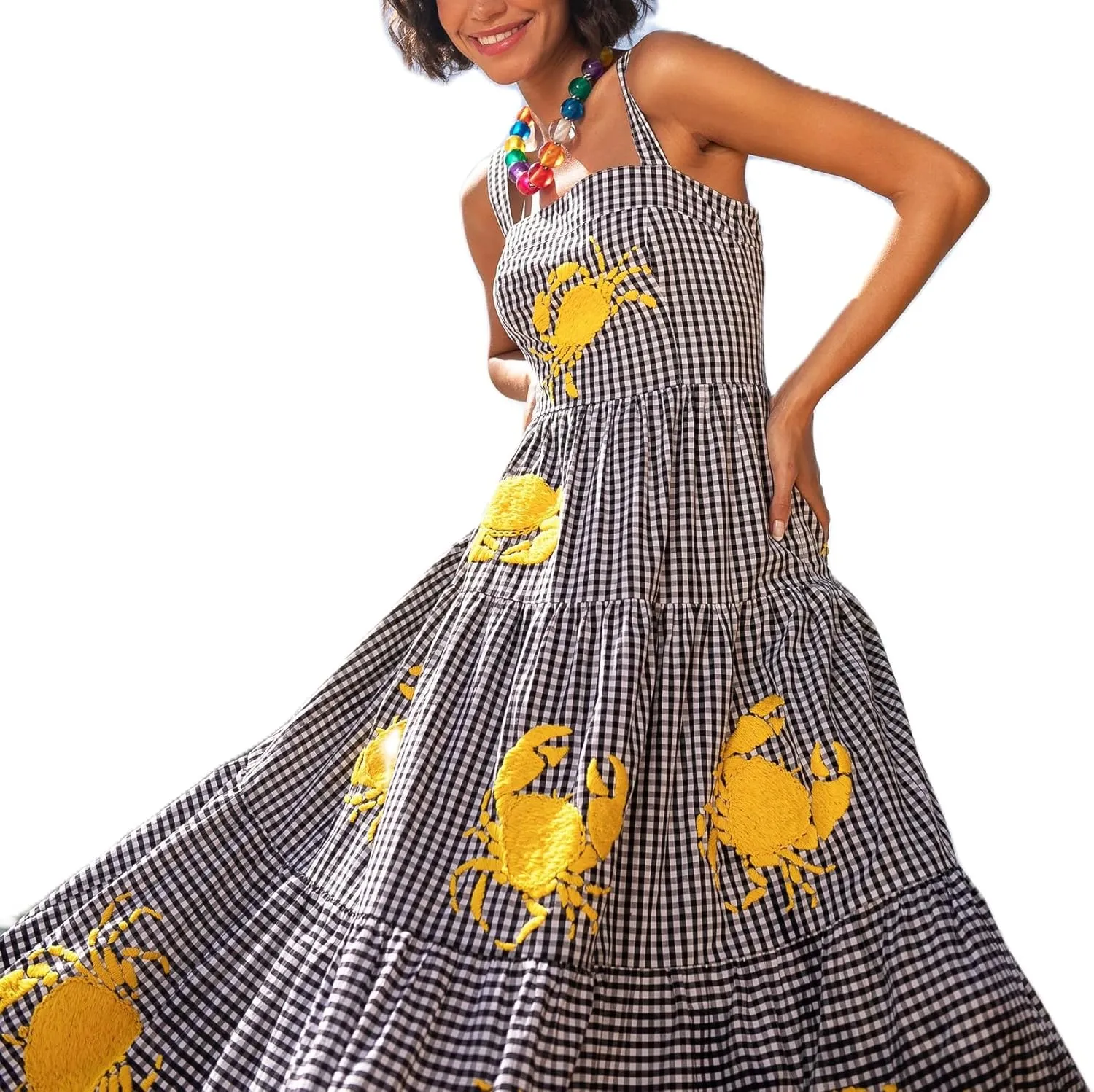 Argeousgor Women 2024 Bohemian Maxi Dress Sleeveless Embroidered Flowy Smocked Long Dress Summer Beach Sundresses