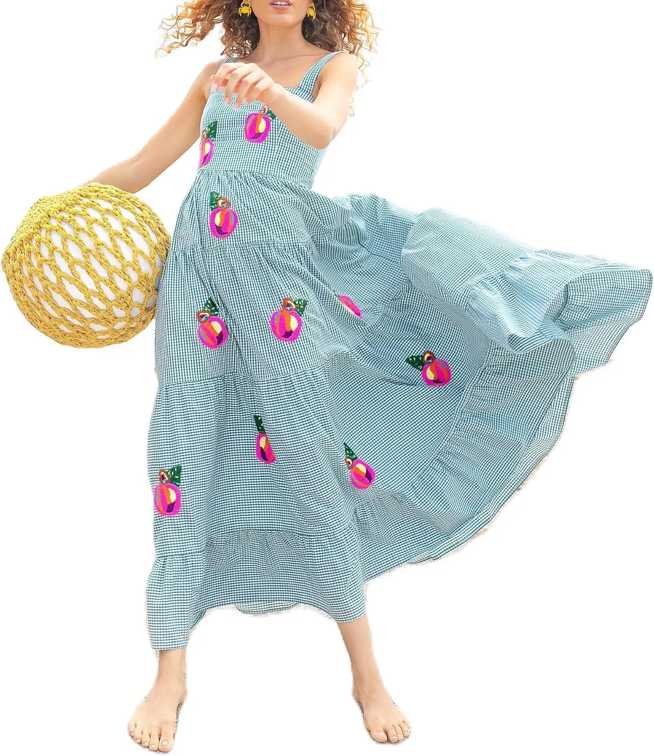Argeousgor Women 2024 Bohemian Maxi Dress Sleeveless Embroidered Flowy Smocked Long Dress Summer Beach Sundresses