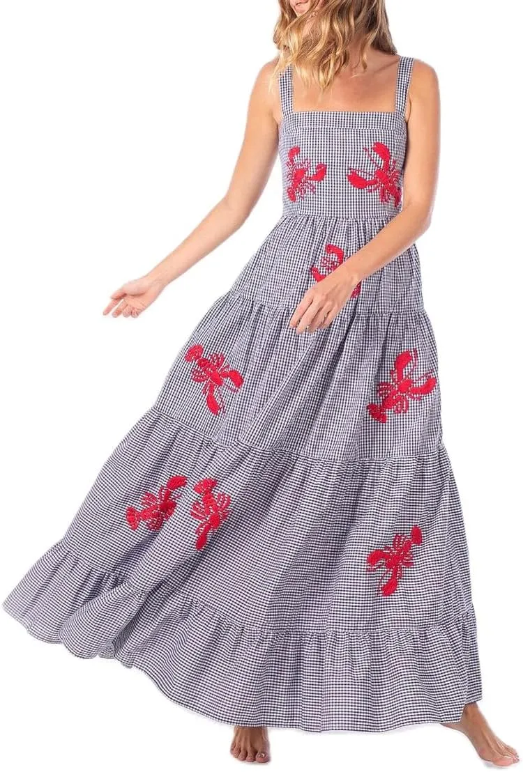 Argeousgor Women 2024 Bohemian Maxi Dress Sleeveless Embroidered Flowy Smocked Long Dress Summer Beach Sundresses