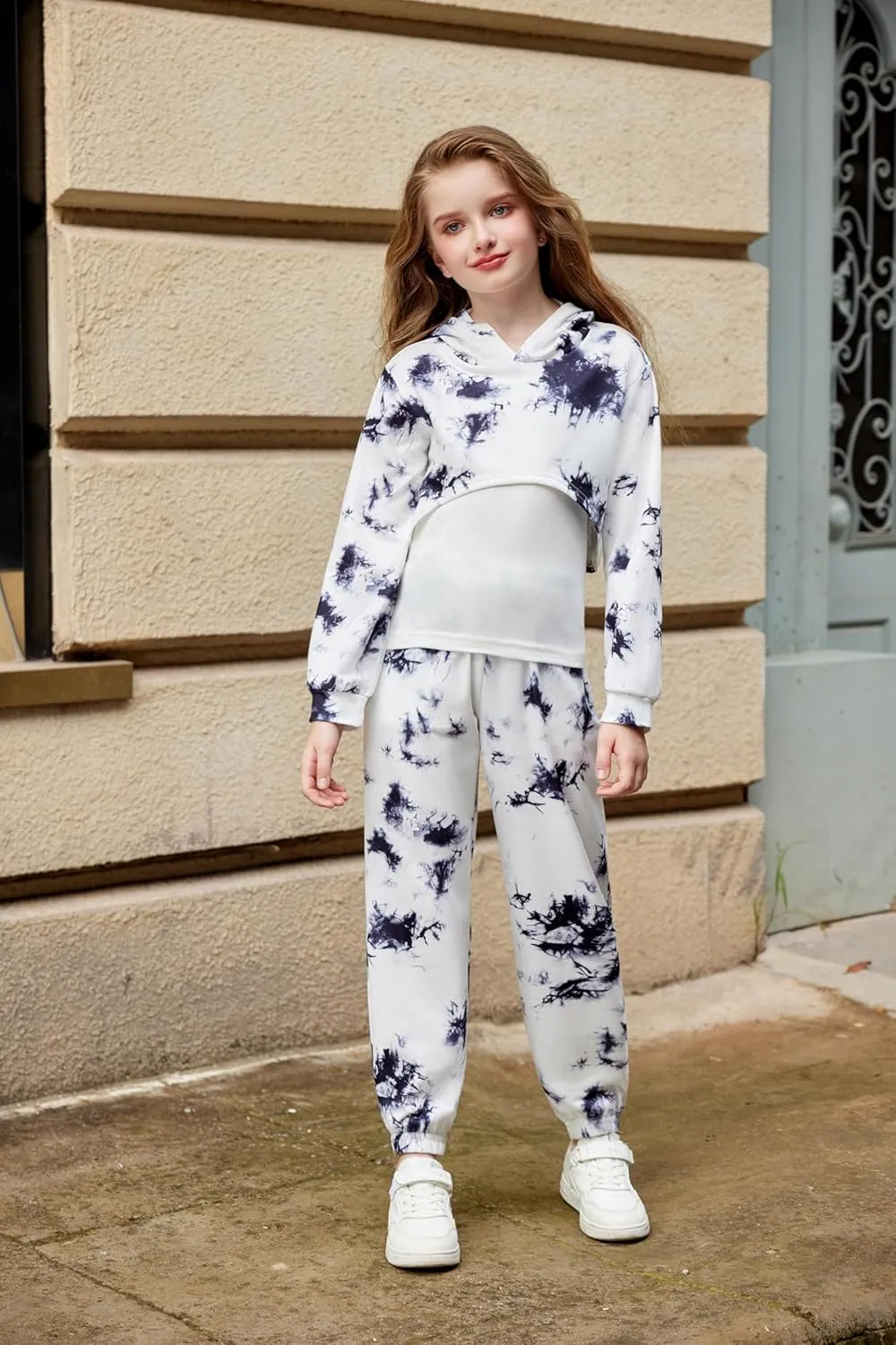 Arshiner 3 Piece Girls Jogger Set Sweatsuits Crop Sweatshirt Hoodie Adjustable Cami Top and Sweatpants