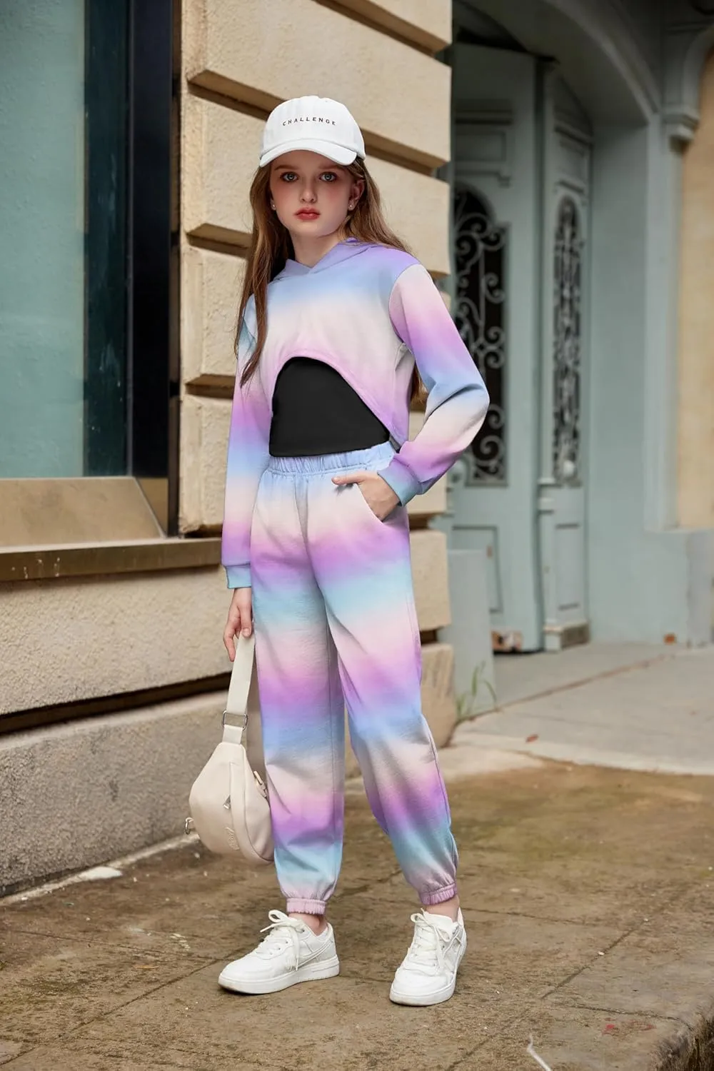 Arshiner 3 Piece Girls Jogger Set Sweatsuits Crop Sweatshirt Hoodie Adjustable Cami Top and Sweatpants