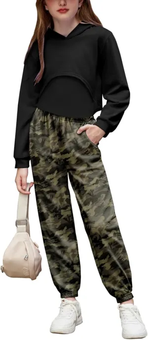 Arshiner 3 Piece Girls Jogger Set Sweatsuits Crop Sweatshirt Hoodie Adjustable Cami Top and Sweatpants