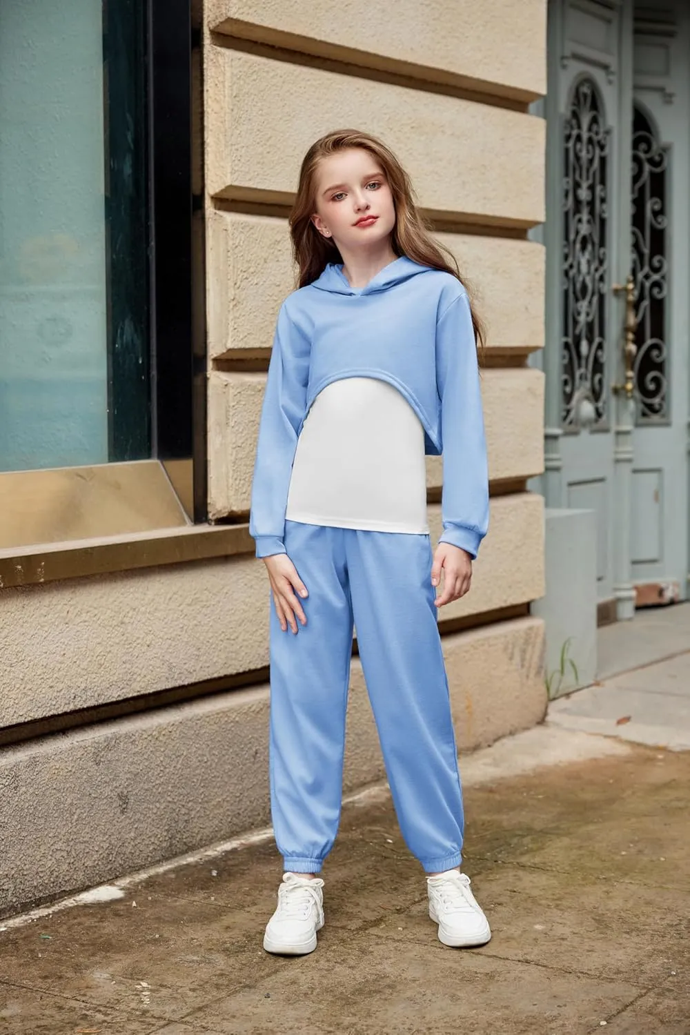 Arshiner 3 Piece Girls Jogger Set Sweatsuits Crop Sweatshirt Hoodie Adjustable Cami Top and Sweatpants