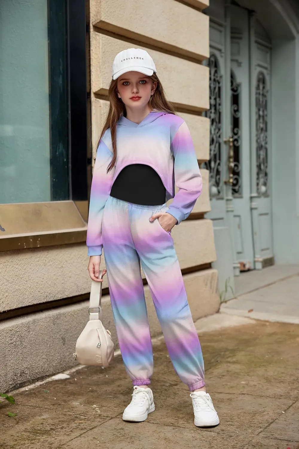 Arshiner 3 Piece Girls Jogger Set Sweatsuits Crop Sweatshirt Hoodie Adjustable Cami Top and Sweatpants