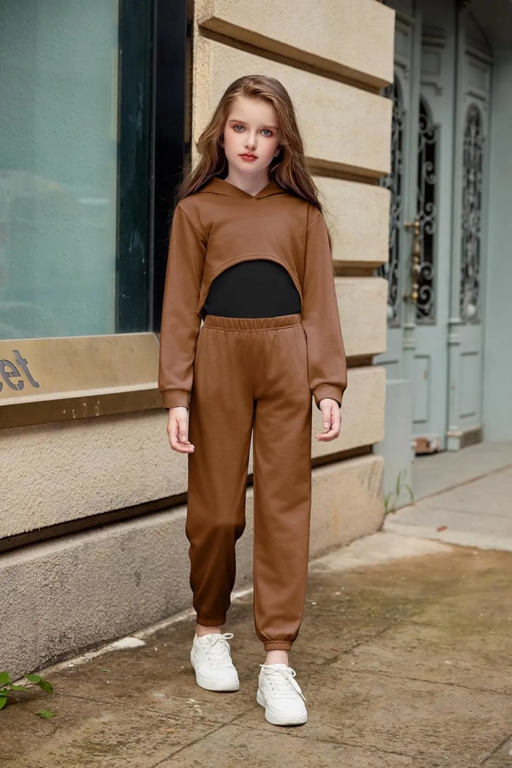 Arshiner 3 Piece Girls Jogger Set Sweatsuits Crop Sweatshirt Hoodie Adjustable Cami Top and Sweatpants