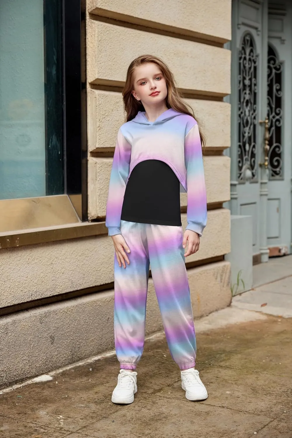 Arshiner 3 Piece Girls Jogger Set Sweatsuits Crop Sweatshirt Hoodie Adjustable Cami Top and Sweatpants