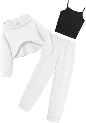 Arshiner 3 Piece Girls Jogger Set Sweatsuits Crop Sweatshirt Hoodie Adjustable Cami Top and Sweatpants