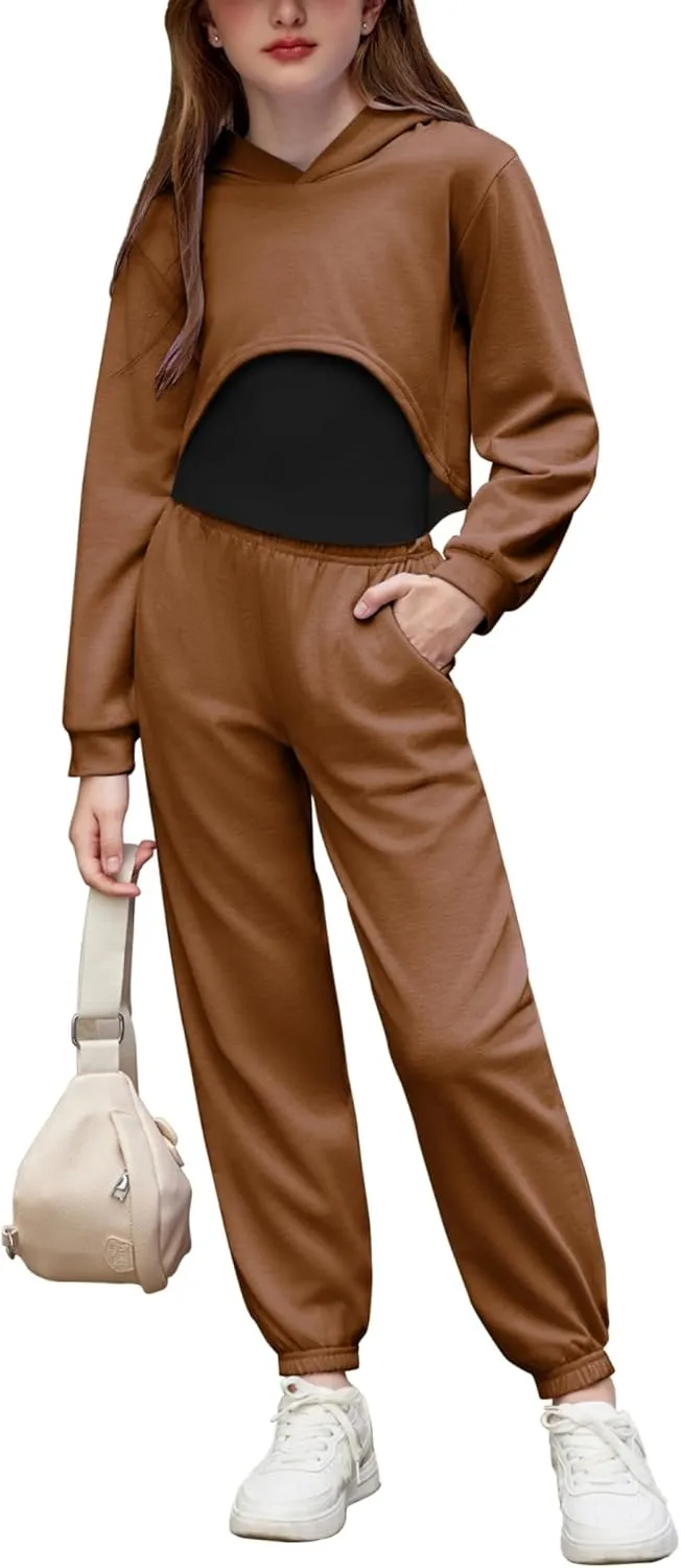 Arshiner 3 Piece Girls Jogger Set Sweatsuits Crop Sweatshirt Hoodie Adjustable Cami Top and Sweatpants